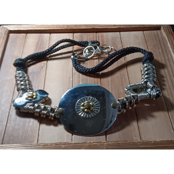 Womens Large Hardware Chrome Disc Brass Flowers Black Cord 38\